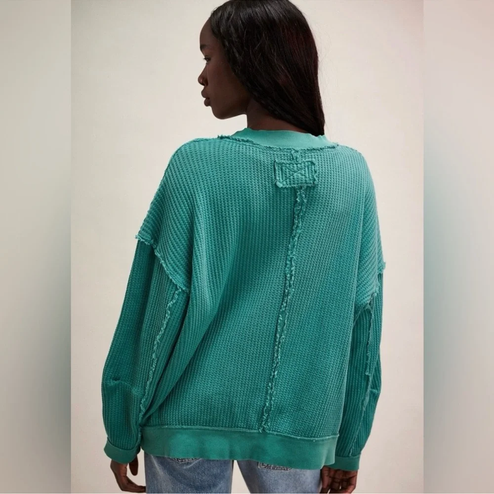 FREE PEOPLE We The Free Ricky Thermal V Neck Top in Green